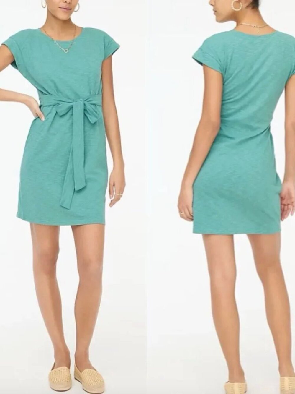 J. Crew Cap Sleeve Crew Neck Cotton Tie-Waist T-shirt Dress Sea Green, size XXS